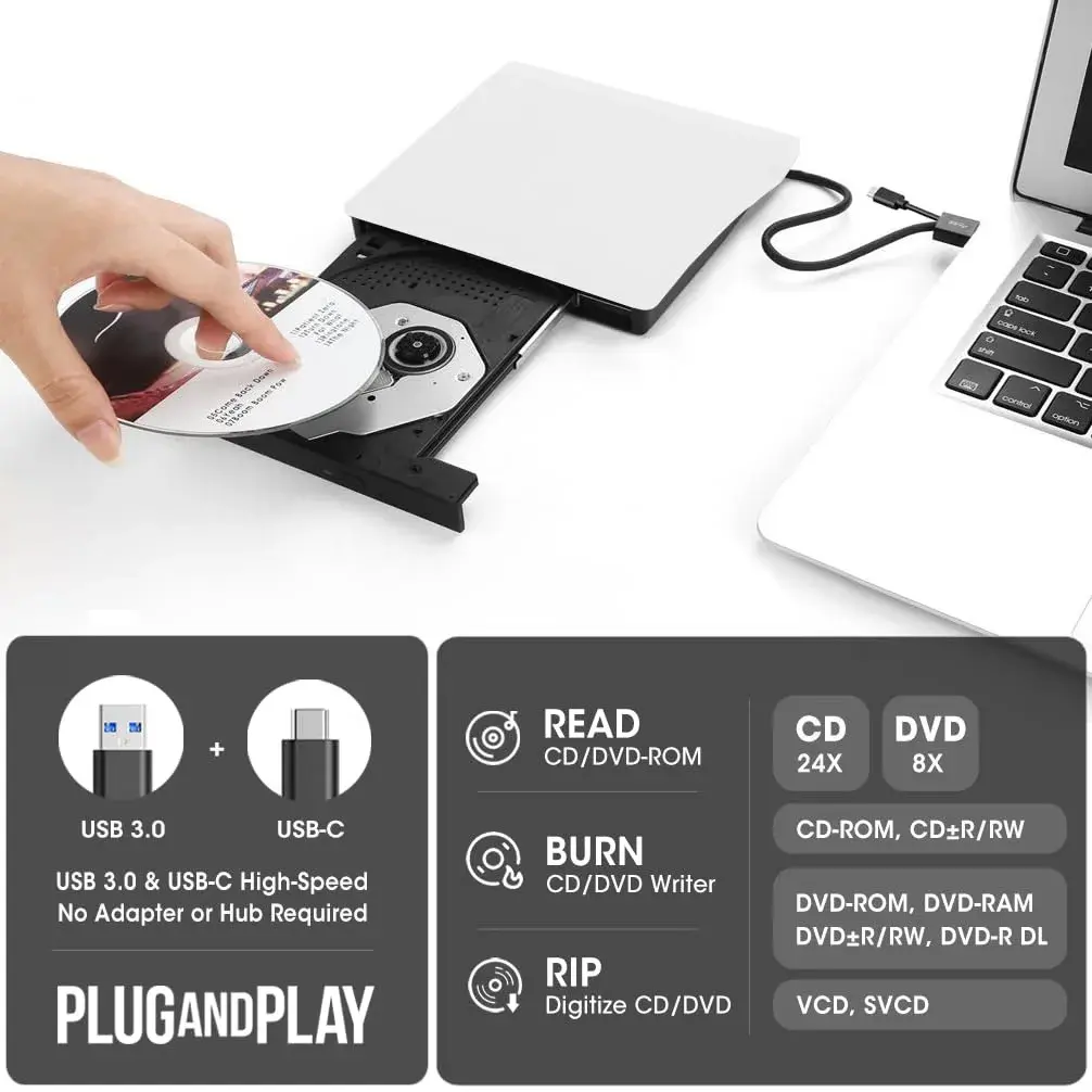 ROOFULL External CD DVD Drive with Carrying Case, USB 3.0/Type-C, 15.7cm x 15.2cm x 1.6cm | Reads & Writes CDs/DVDs - view 2