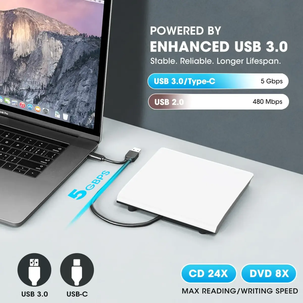 ROOFULL External CD DVD Drive with Carrying Case, USB 3.0/Type-C, 15.7cm x 15.2cm x 1.6cm | Reads & Writes CDs/DVDs - view 3