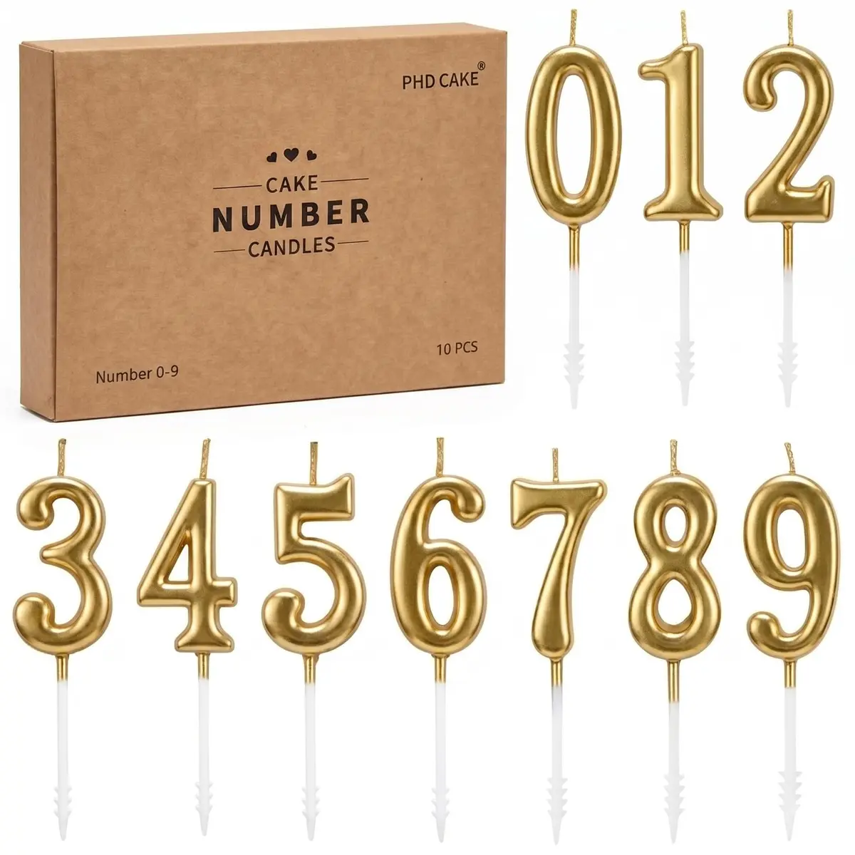 PHD CAKE Champagne Gold Number Birthday Candles 0-9 | 10 Pieces, 4.33 inches Tall - main product image