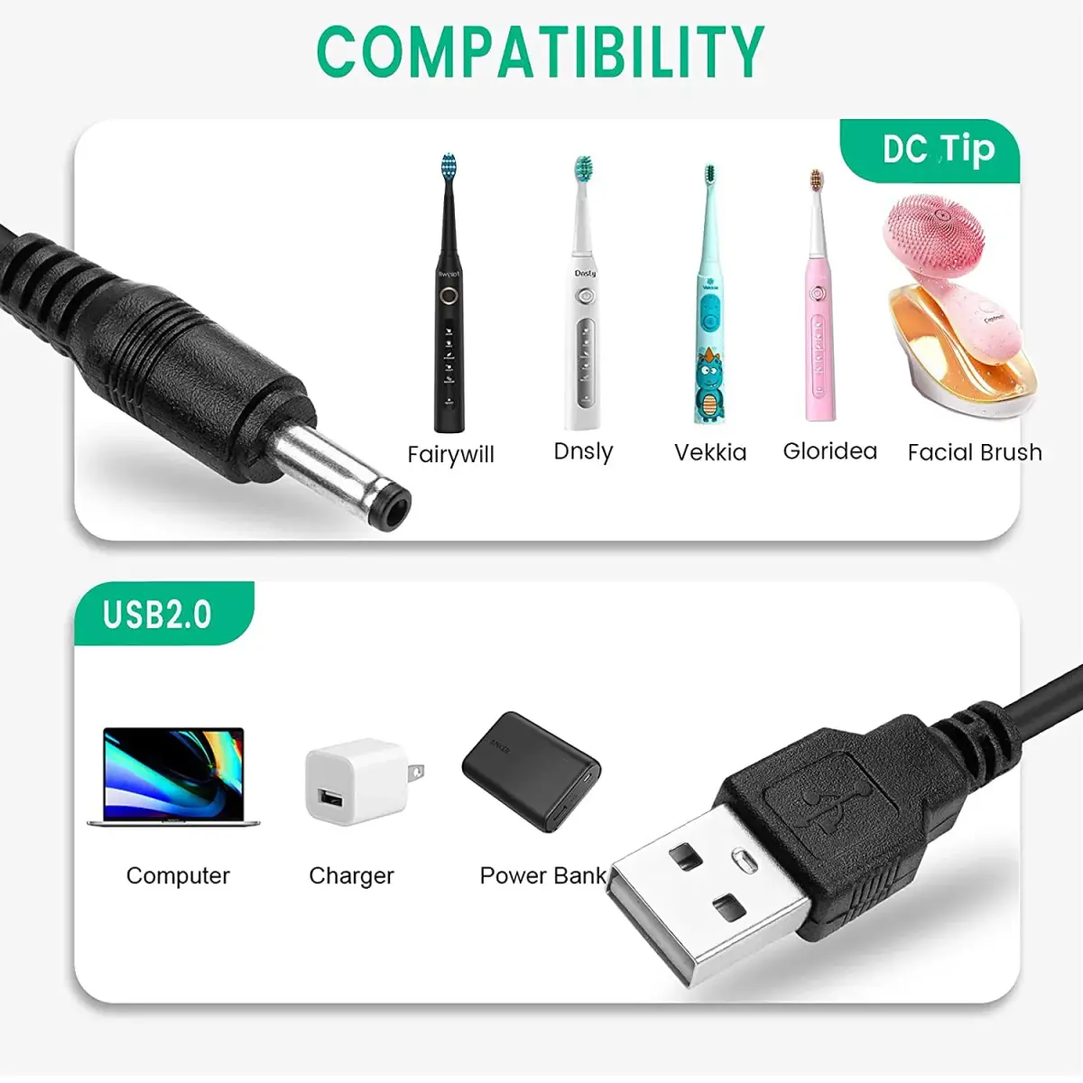 Smays USB to DC Round Tip Charging Cable 1.5m (5ft) 2-Pack | Compatible with Fairywill, Bitvae, Foreo Luna - view 2