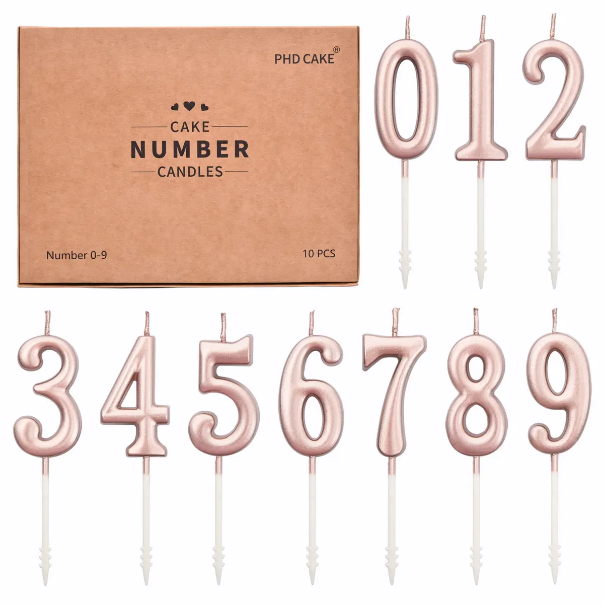 PHD CAKE Rose Gold Numeral Birthday Candles 0-9 (10 Pieces, 10.99 cm / 4.33 inches) | Glitter Cake Topper for Celebrations - main product image