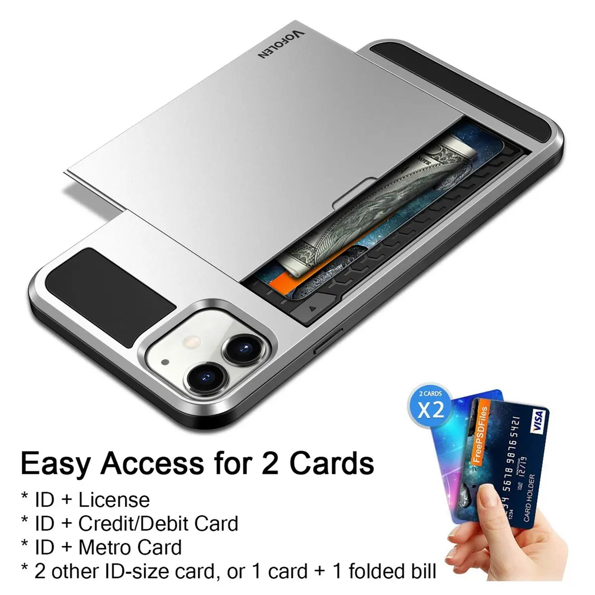 Vofolen iPhone 11 Wallet Case Silver | Card Holder & Slim Design - view 3
