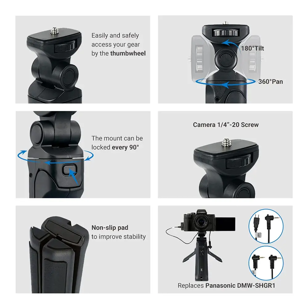 JJC Wired Shooting Grip Tripod for Panasonic Lumix DC-ZS99 G100D S9 Camera | Vlog & Selfie Support with Table-Top Mode - view 2