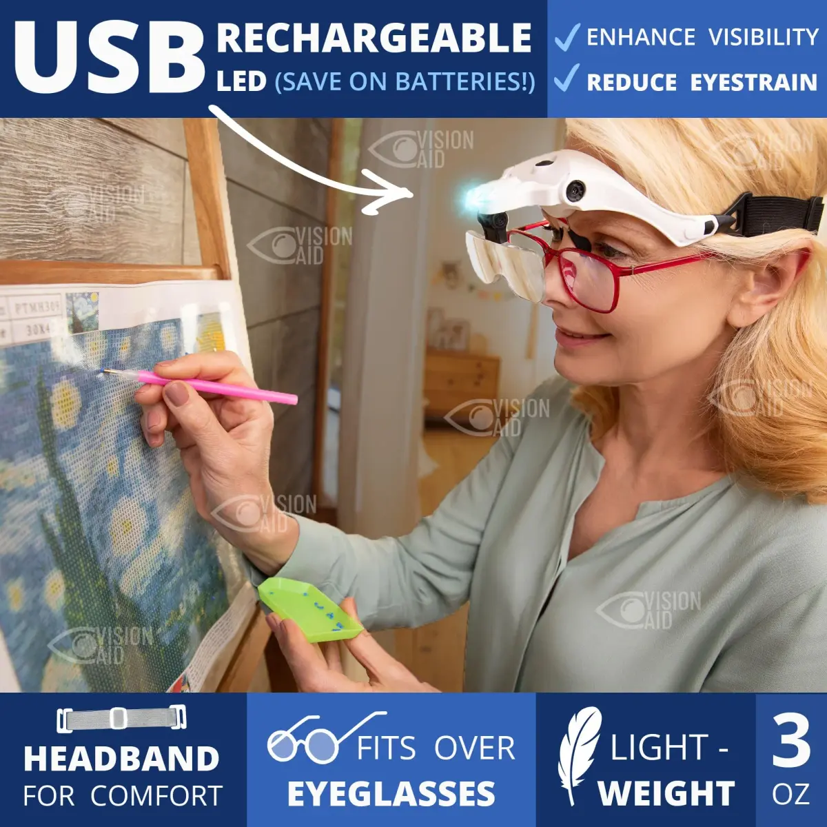 Vision Aid Headband Magnifier with LED Light, 5 Lenses & Case | Hands-Free Magnifying Glass for Crafts & Close Work - view 2