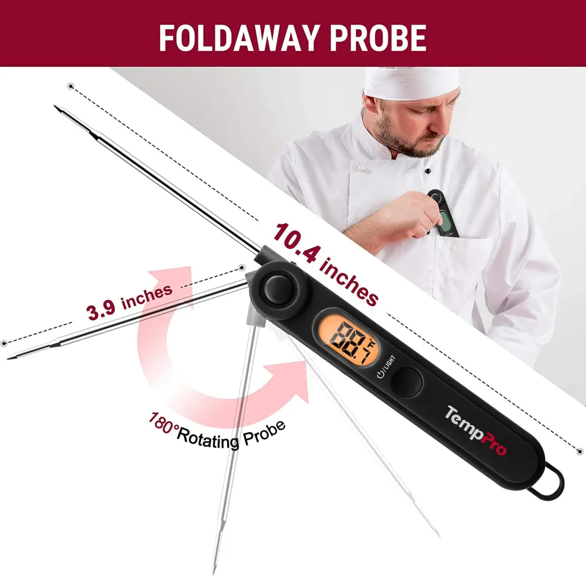 TempPro Instant Read Digital Meat Thermometer with Backlight & Foldable Probe | 300°C (572°F) - view 3