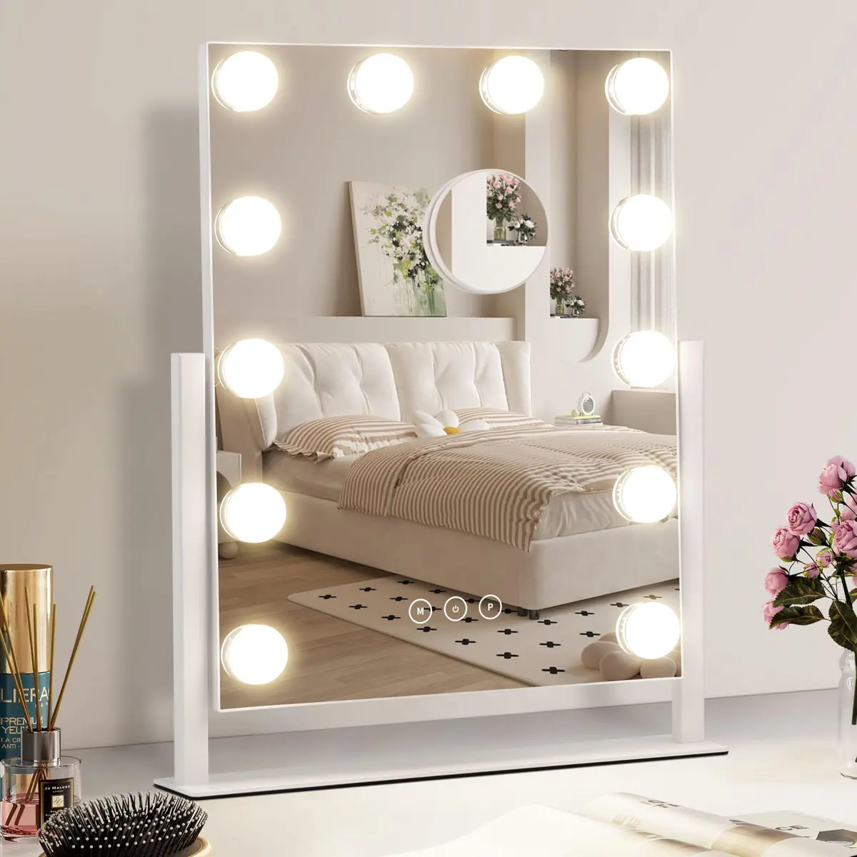 NUSVAN Vanity Makeup Mirror with Lights, 3 Color Modes, 10X Magnification, 360° Rotation, White (14.6Inch) | Adjustable Brightness & Detachable Mirror - main product image