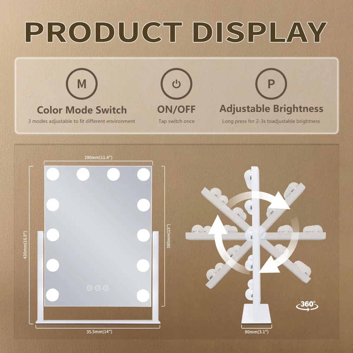 NUSVAN Vanity Makeup Mirror with Lights, 3 Color Modes, 10X Magnification, 360° Rotation, White (14.6Inch) | Adjustable Brightness & Detachable Mirror - view 4