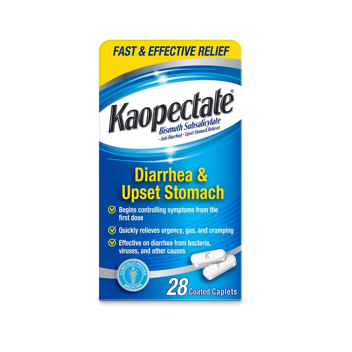 Kaopectate Multi-Symptom Anti-Diarrheal & Upset Stomach Reliever, 28 Caplet | Fast-Acting GI Relief for Adults - main product image
