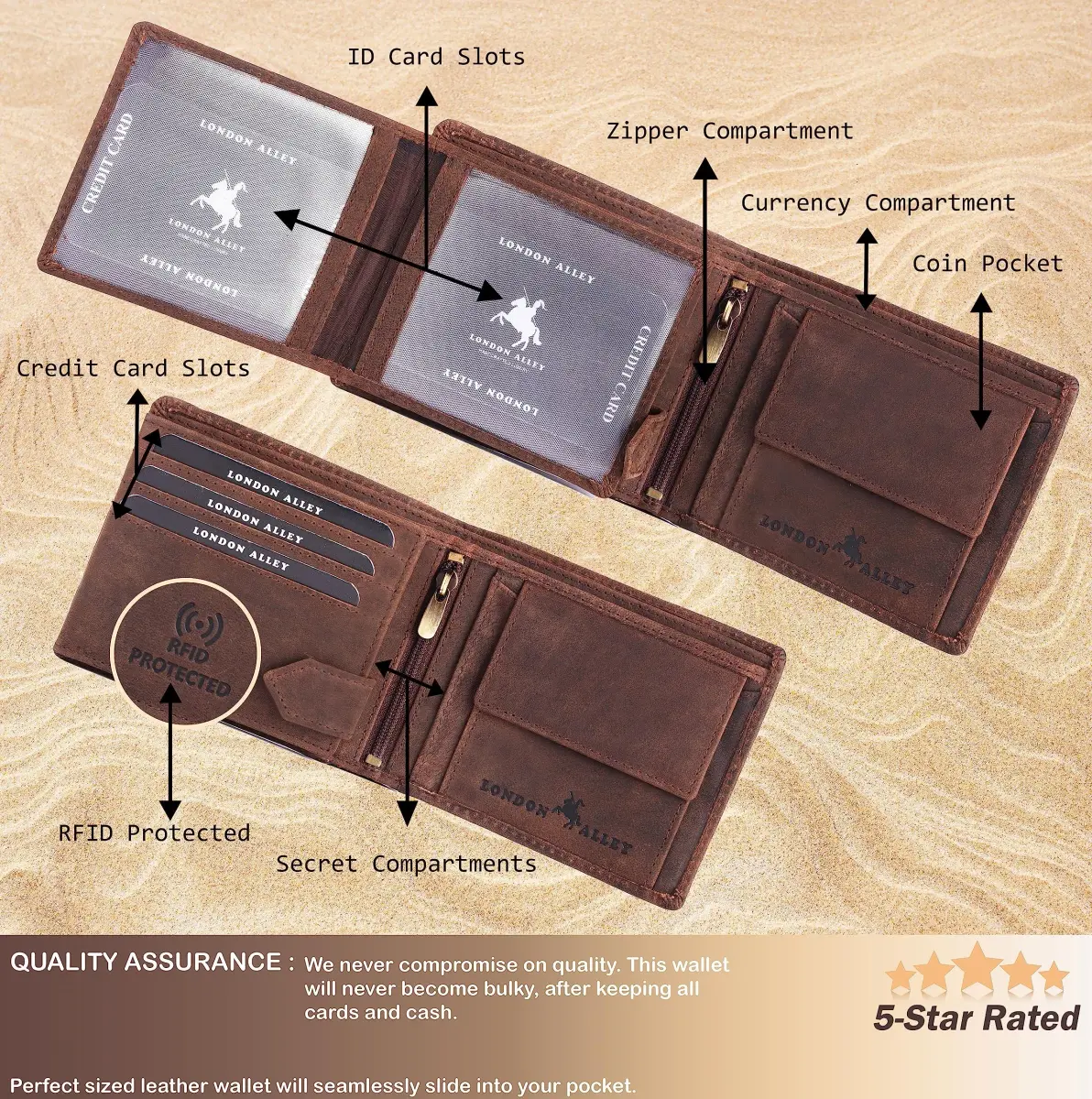 LONDON ALLEY Elk Vintage Brown Leather Wallet For Men, 6 Card Slots, RFID Blocking | Handcrafted Genuine Leather - view 3