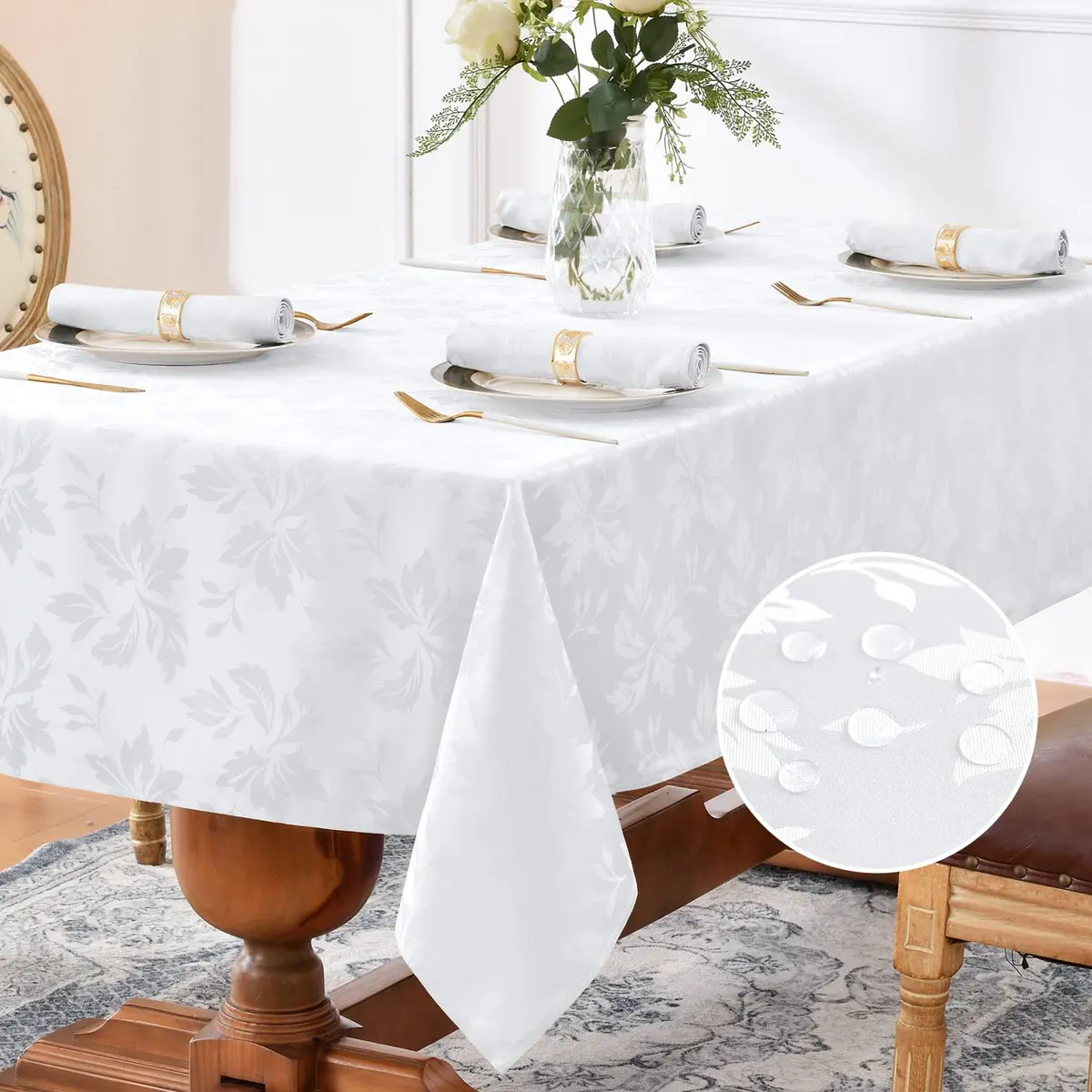 Romanstile Jacquard Rectangle Tablecloth 60 x 84 Inch | Elegant Floral Design, Water-Resistant, Stainproof (100% Polyester) - main product image