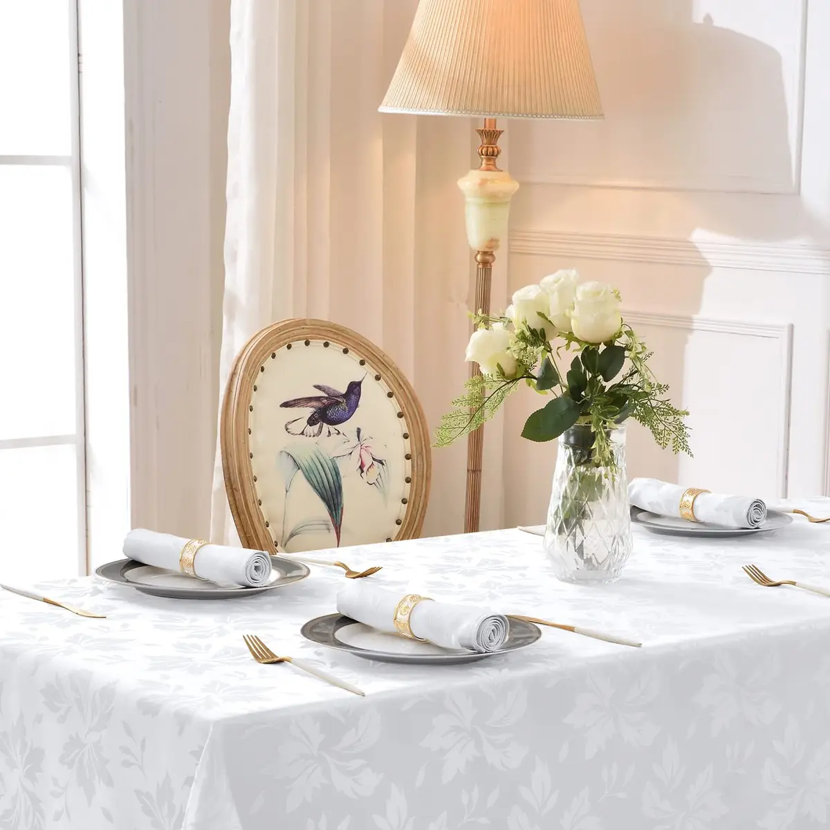 Romanstile Jacquard Rectangle Tablecloth 60 x 84 Inch | Elegant Floral Design, Water-Resistant, Stainproof (100% Polyester) - view 7
