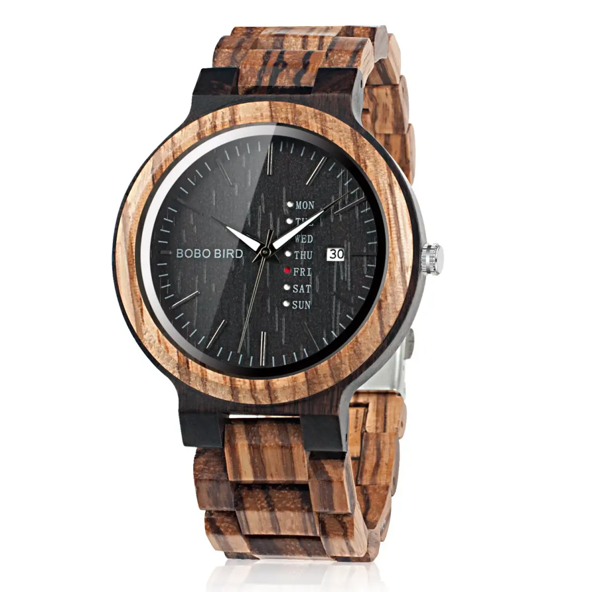 BOBO BIRD Week and Date Display Men's Zebra Wooden Quartz Watch 45.6mm | Handmade Casual Retro Style - main product image
