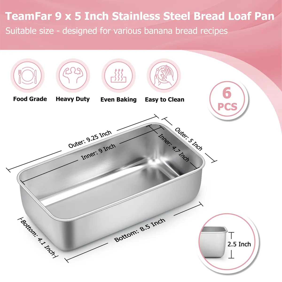 TeamFar Stainless Steel Loaf Pans for Baking, 9.25 x 5 x 2.5 Inch (23.5 x 12.7 x 6.35 cm) — Set of 6 | Even Baking & Easy Release - view 2