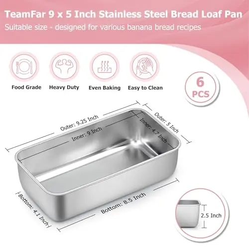 TeamFar Stainless Steel Loaf Pans for Baking, 9.25 x 5 x 2.5 Inch (23.5 x 12.7 x 6.35 cm) — Set of 6 | Even Baking & Easy Release - view 2
