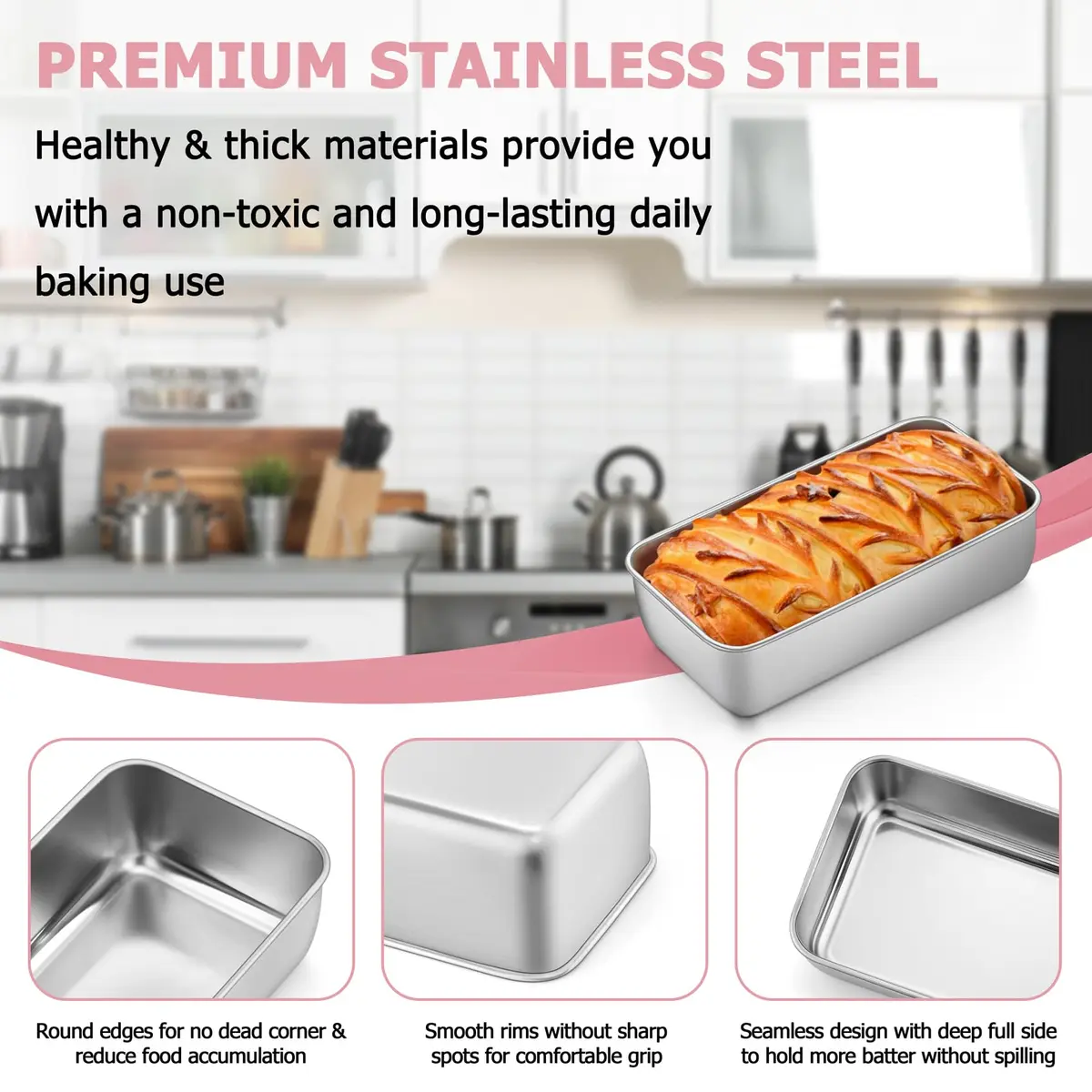 TeamFar Stainless Steel Loaf Pans for Baking, 9.25 x 5 x 2.5 Inch (23.5 x 12.7 x 6.35 cm) — Set of 6 | Even Baking & Easy Release - view 3
