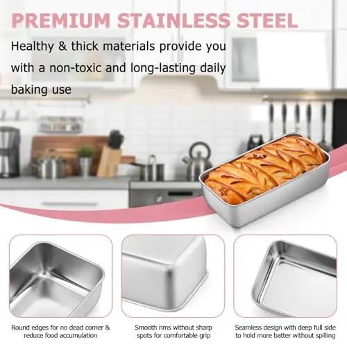 TeamFar Stainless Steel Loaf Pans for Baking, 9.25 x 5 x 2.5 Inch (23.5 x 12.7 x 6.35 cm) — Set of 6 | Even Baking & Easy Release - view 3