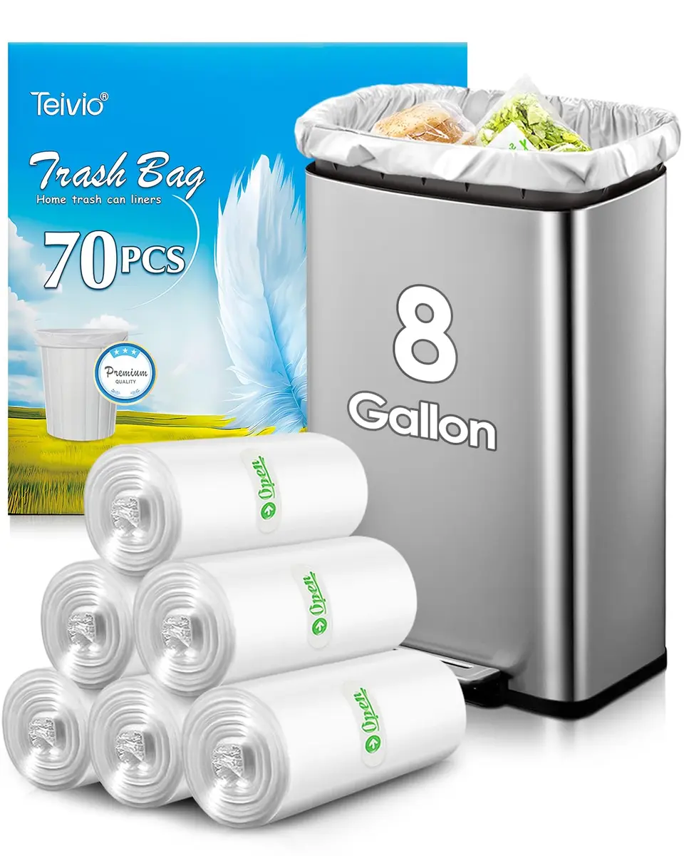 Teivio Medium Clear Trash Bags 8 Gallon 70 Count | Fit 7-10 Gal Waste Bins, Leak-Resistant, Versatile - main product image