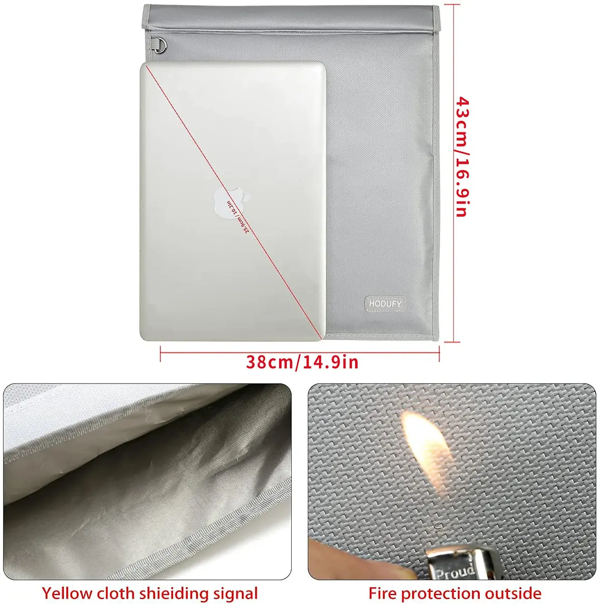 Hodufy Faraday Bag for Laptops (20 x 15 inches), Faraday Cage, Cell Phone Signal Jammer, Faraday Key Fob Protector, Fireproof & Water Resistant Bag, Anti-Theft Pouch, Anti-Hacking Case Blocker(Grey) - view 2