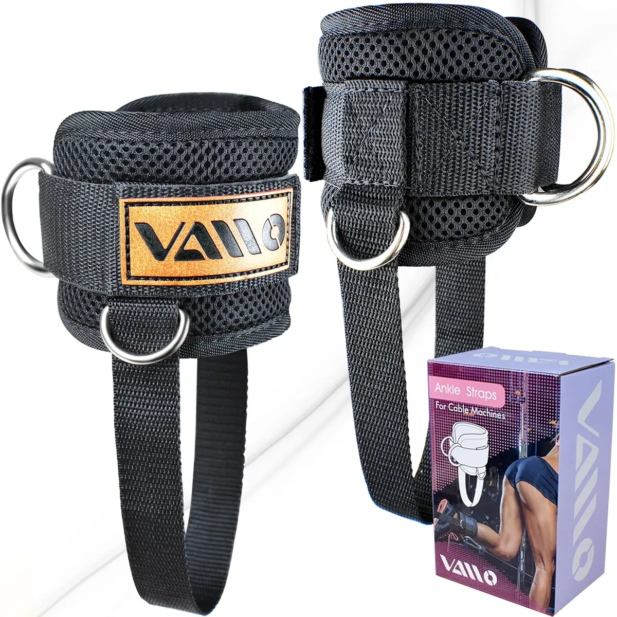 VAIIO Ankle Straps for Cable Machines, Adjustable Comfort Fit Neoprene (Pair, Black) | Double D-Ring Lower Body Workout Attachments - main product image