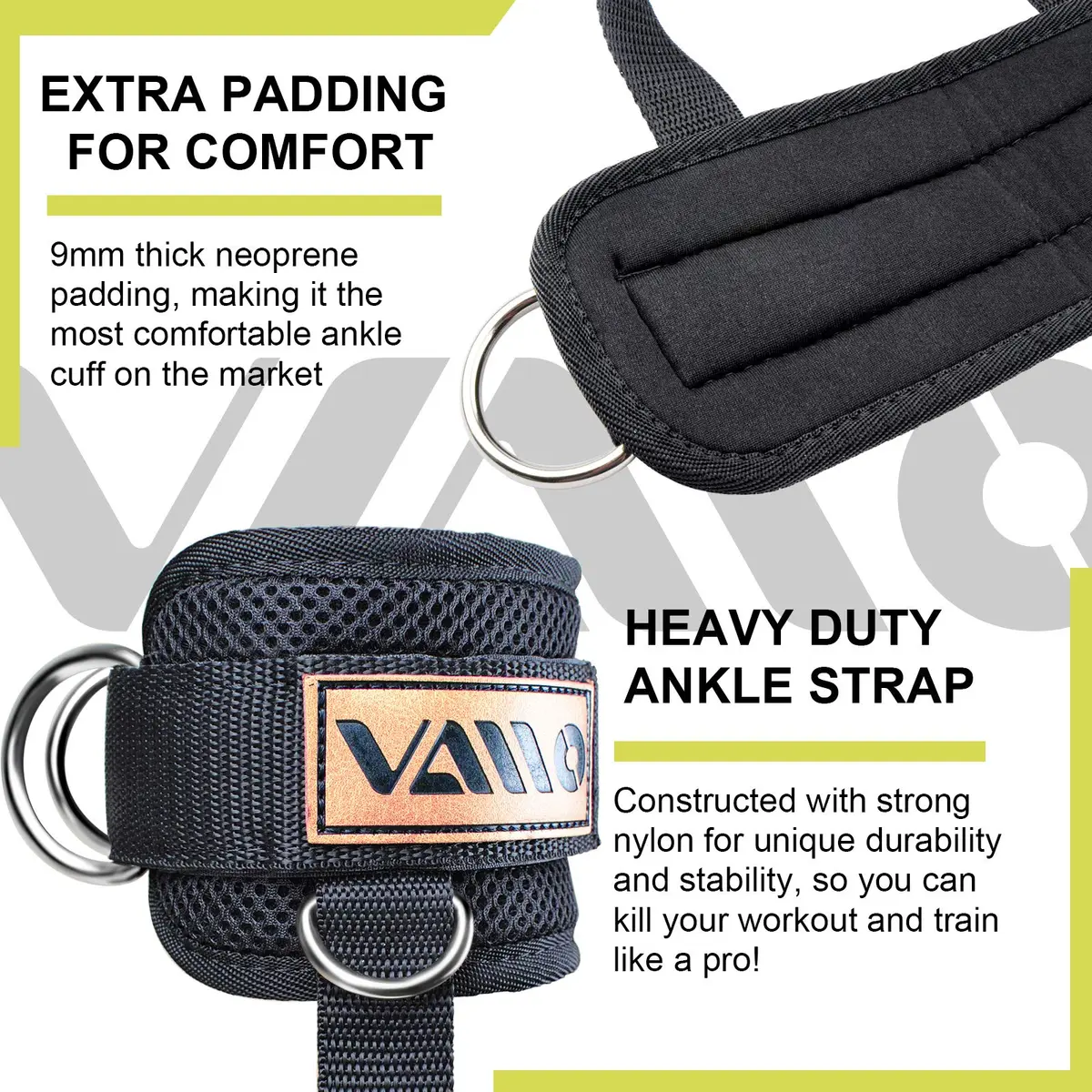 VAIIO Ankle Straps for Cable Machines, Adjustable Comfort Fit Neoprene (Pair, Black) | Double D-Ring Lower Body Workout Attachments - view 4