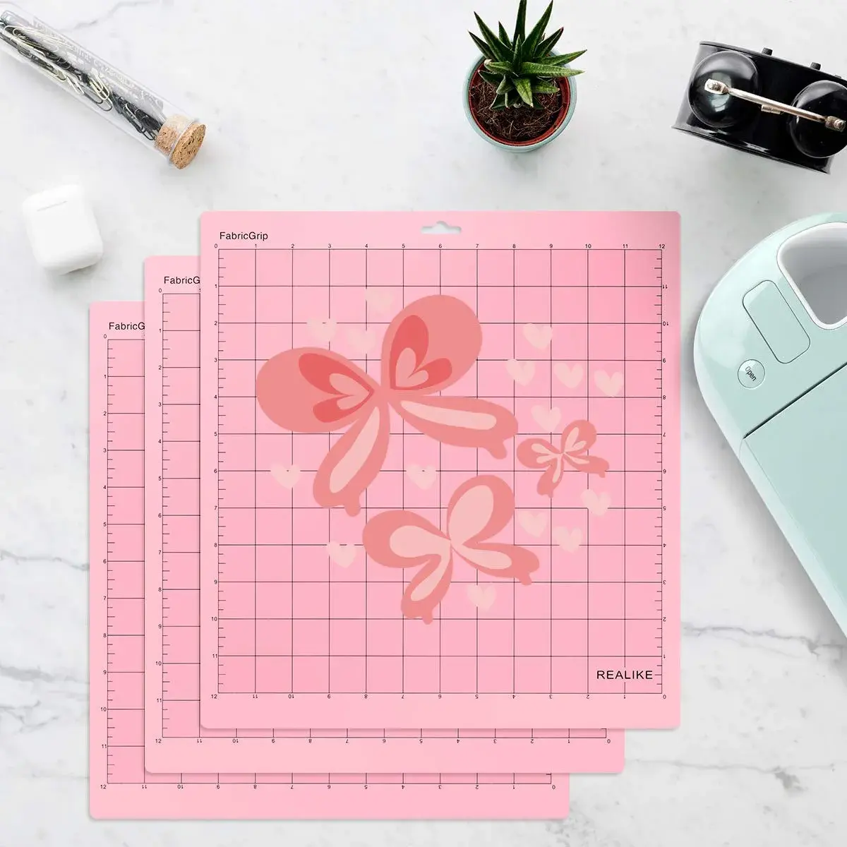 REALIKE FabricGrip Cutting Mat 12x12 Inch (3 Mats) | Self-Healing Pink Mat for Cricut Machines, Quilting & Crafts - view 5