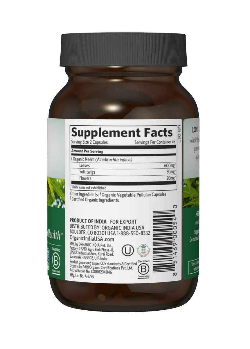 ORGANIC INDIA Neem Leaf Capsules, Herbal Supplement, 90 Capsules (2-Pack) | Supports Skin, Immunity & Detox - view 2