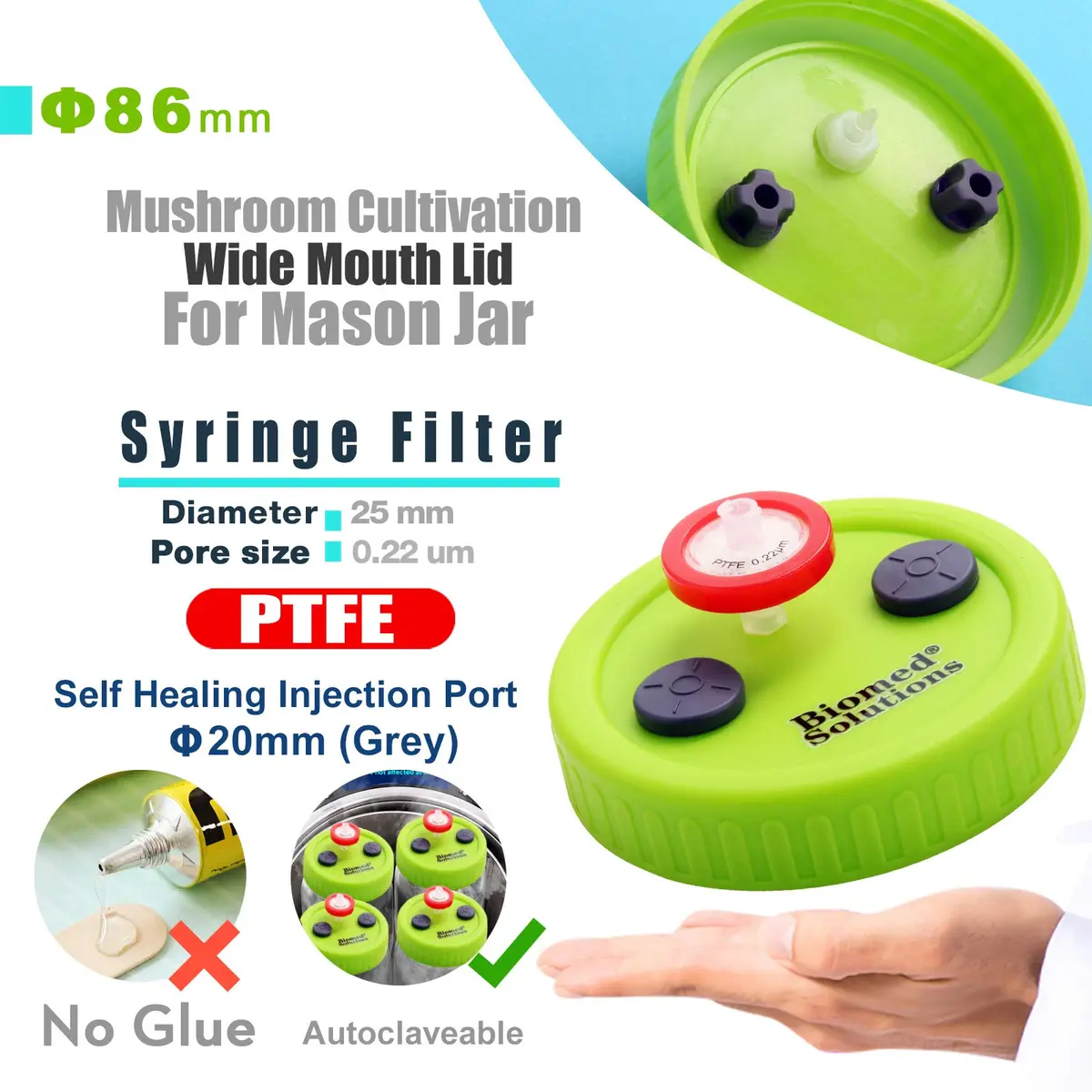 Biomed Solutions 86mm Wide Mouth Mushroom Lid | Food Grade PP, Green, 6 pcs - view 2