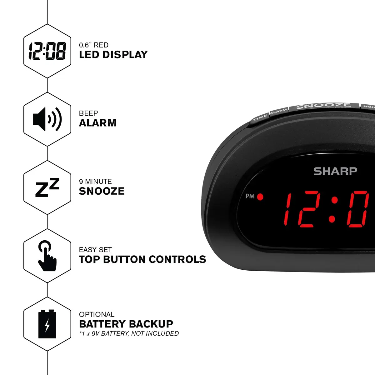 Sharp Small Digital Alarm Clock, Red LED, Snooze, 9V Battery Backup, Black | Clear 0.6” LED, Easy Controls, Compact Bedroom Clock - view 2