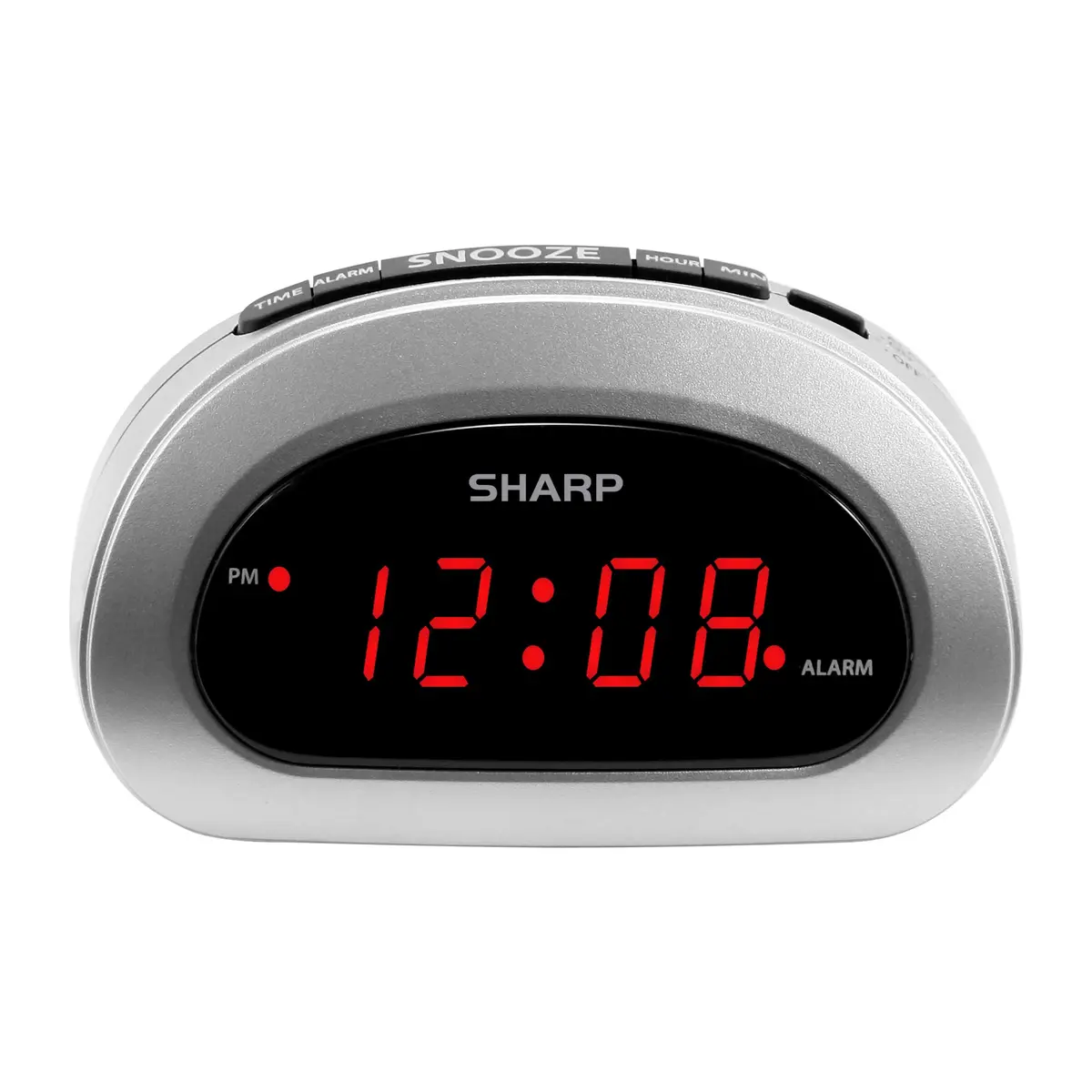 Sharp Small Digital Alarm Clock with Snooze and Battery Backup | Easy to Use Top Button Controls, Silver Case with Red LED Display - main product image