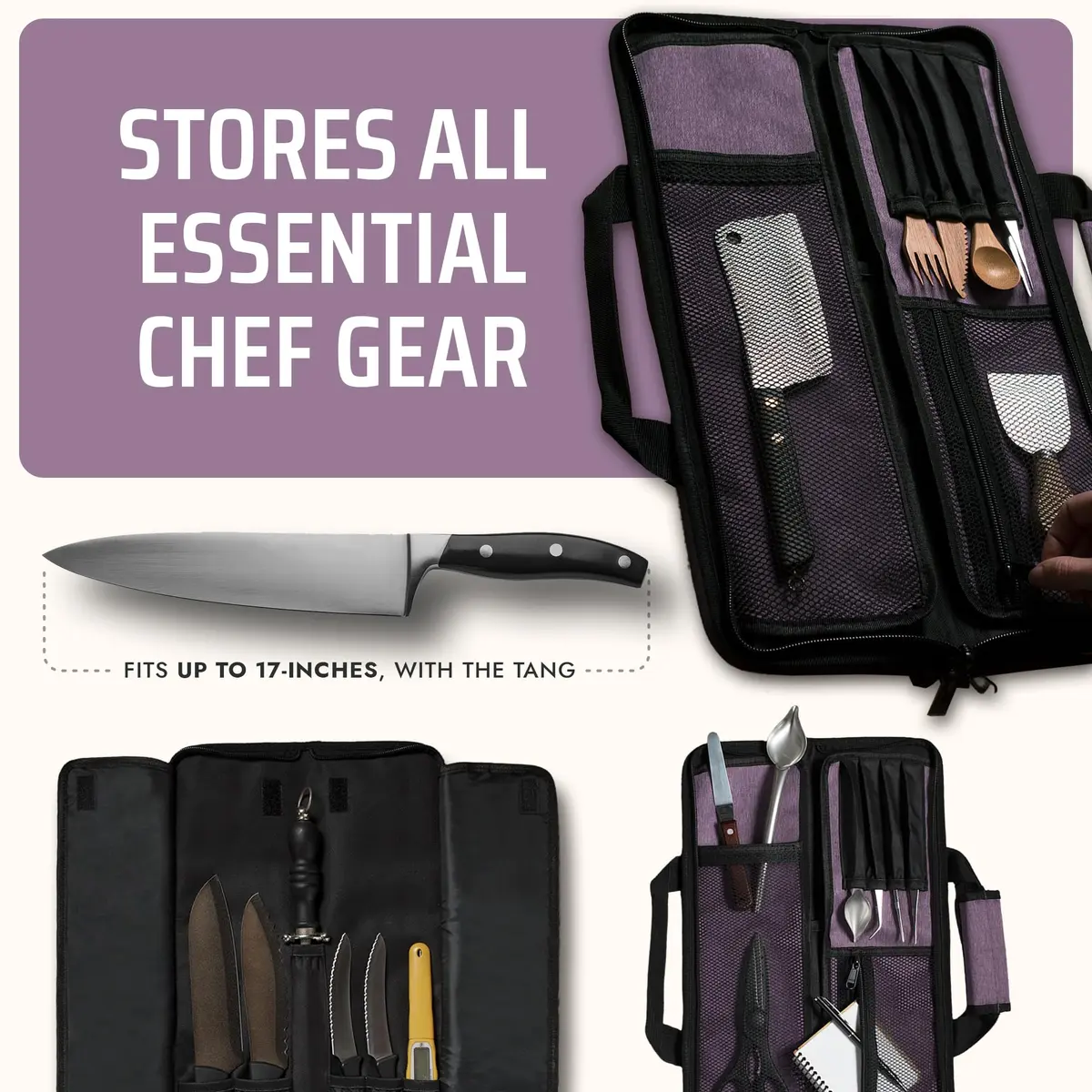 Asaya Chef Knife Roll Bag - 12-Pocket Travel Case for Kitchen Knives, Lightweight Stain-Resistant Nylon, Purple - view 4