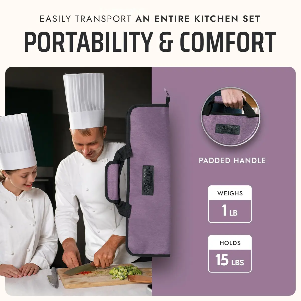 Asaya Chef Knife Roll Bag - 12-Pocket Travel Case for Kitchen Knives, Lightweight Stain-Resistant Nylon, Purple - view 5