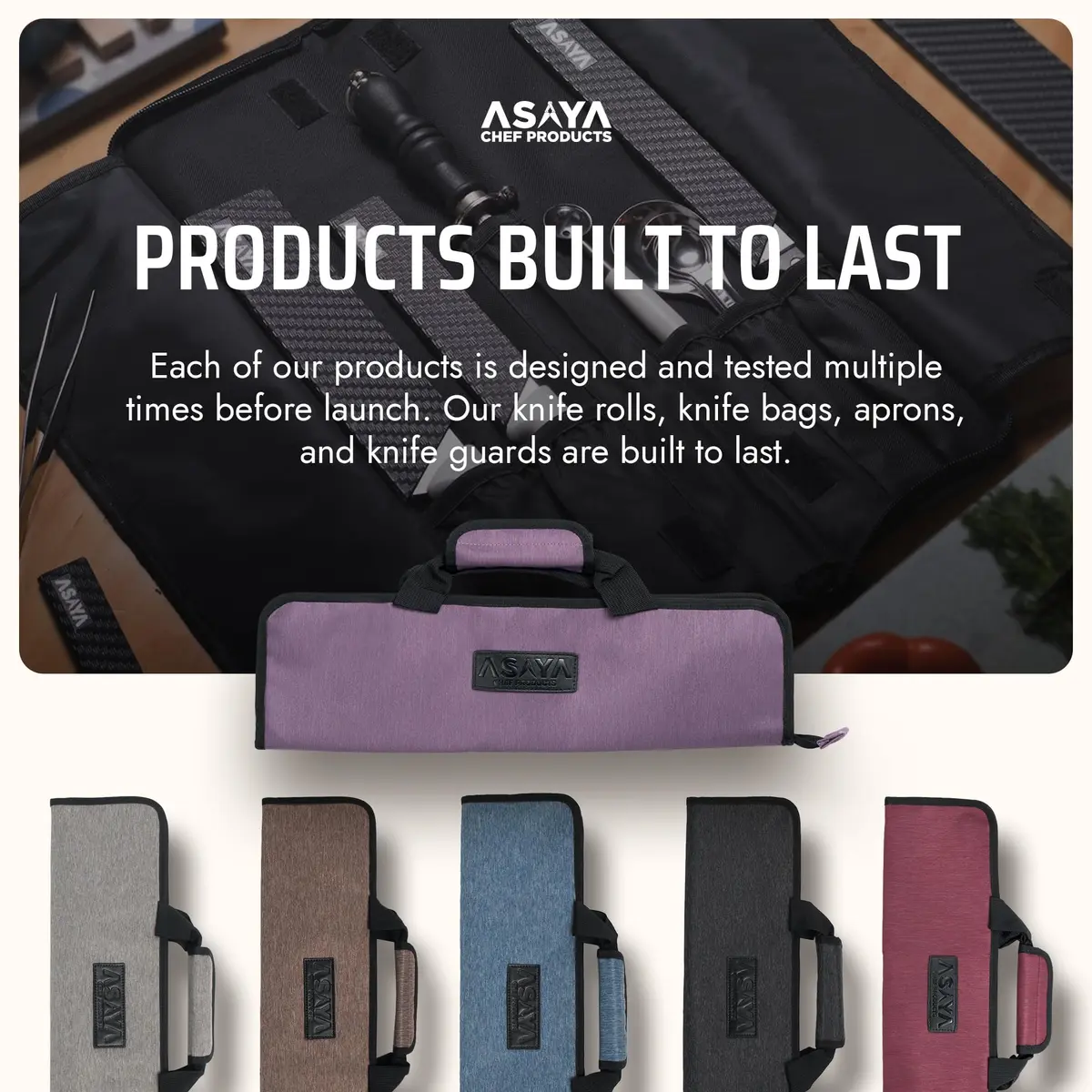 Asaya Chef Knife Roll Bag - 12-Pocket Travel Case for Kitchen Knives, Lightweight Stain-Resistant Nylon, Purple - view 6