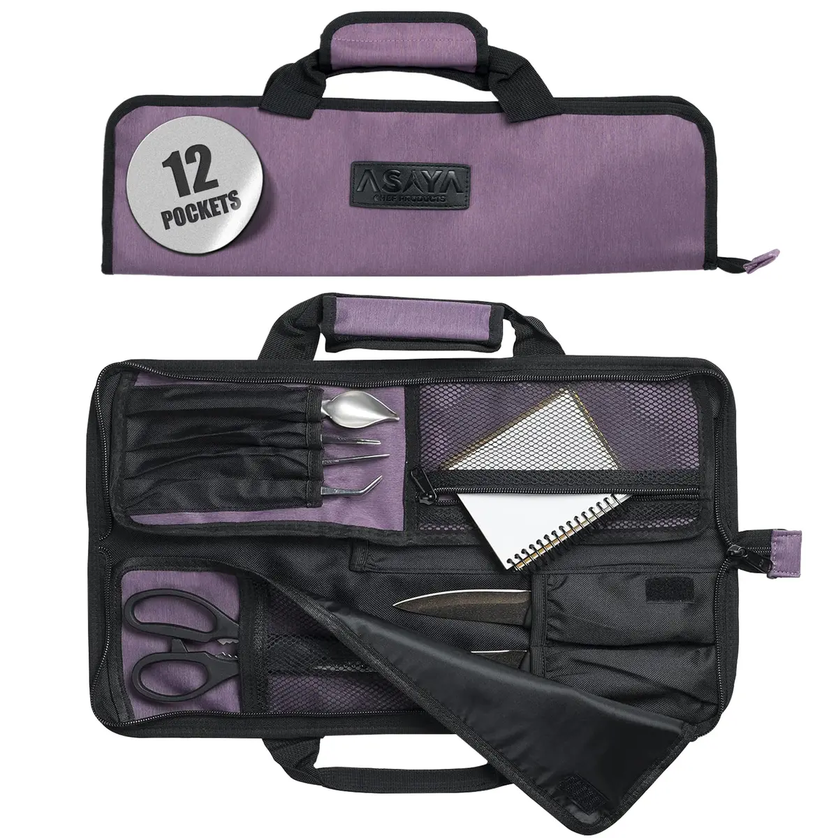 Asaya Chef Knife Roll Bag - 12-Pocket Travel Case for Kitchen Knives, Lightweight Stain-Resistant Nylon, Purple - main product image