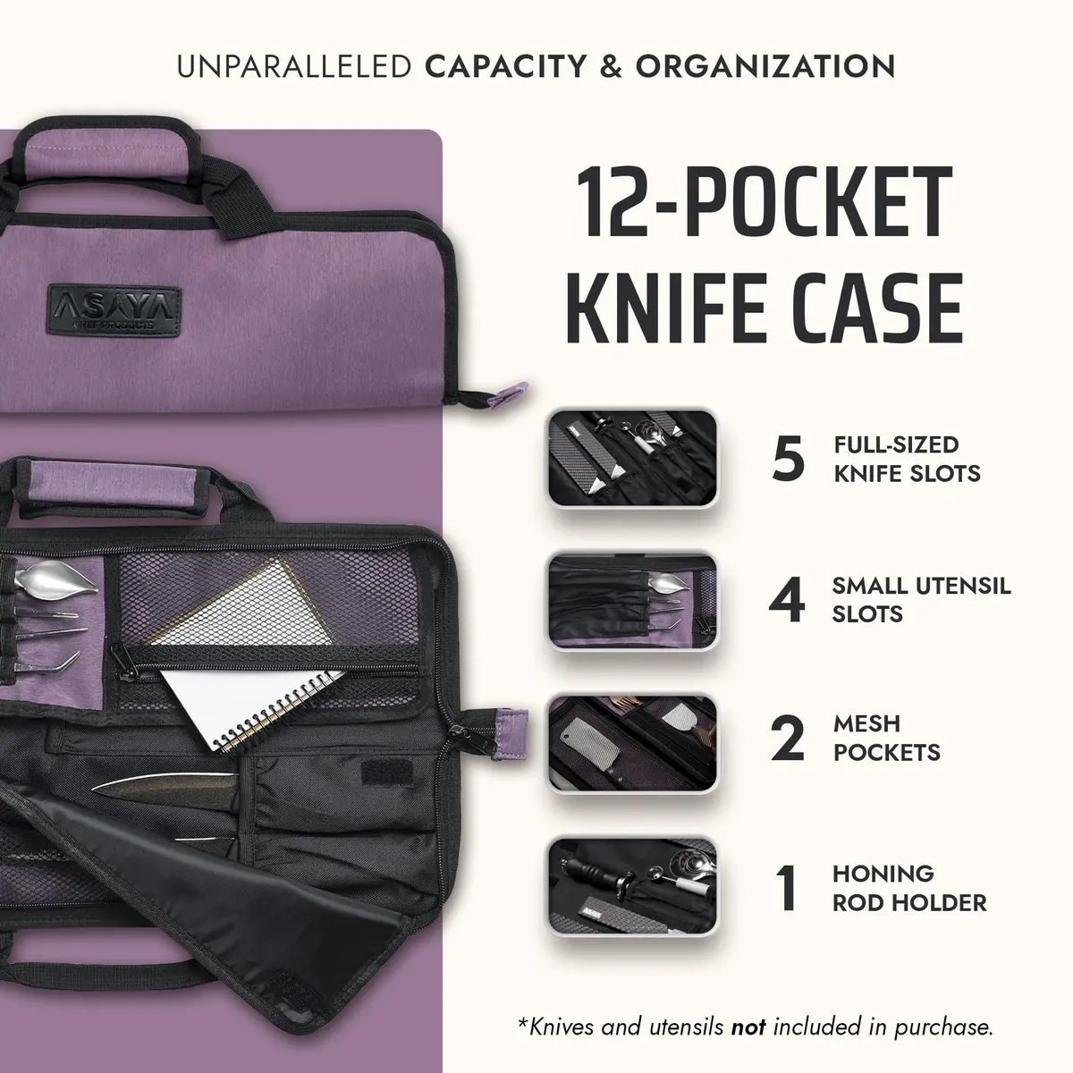 Asaya Chef Knife Roll Bag - 12-Pocket Travel Case for Kitchen Knives, Lightweight Stain-Resistant Nylon, Purple - view 2