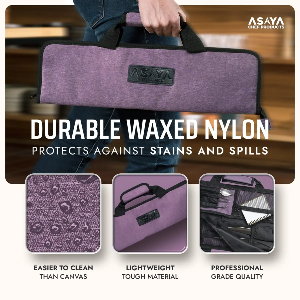 Asaya Chef Knife Roll Bag - 12-Pocket Travel Case for Kitchen Knives, Lightweight Stain-Resistant Nylon, Purple - view 3