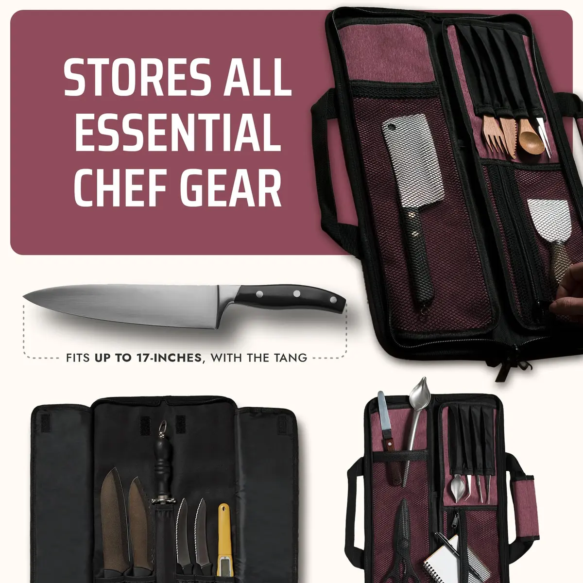 Asaya Chef Knife Roll Bag - 12-Pocket Travel Case for Kitchen Knives, Lightweight Stain-Resistant Nylon, Red | Secure & Portable - view 4