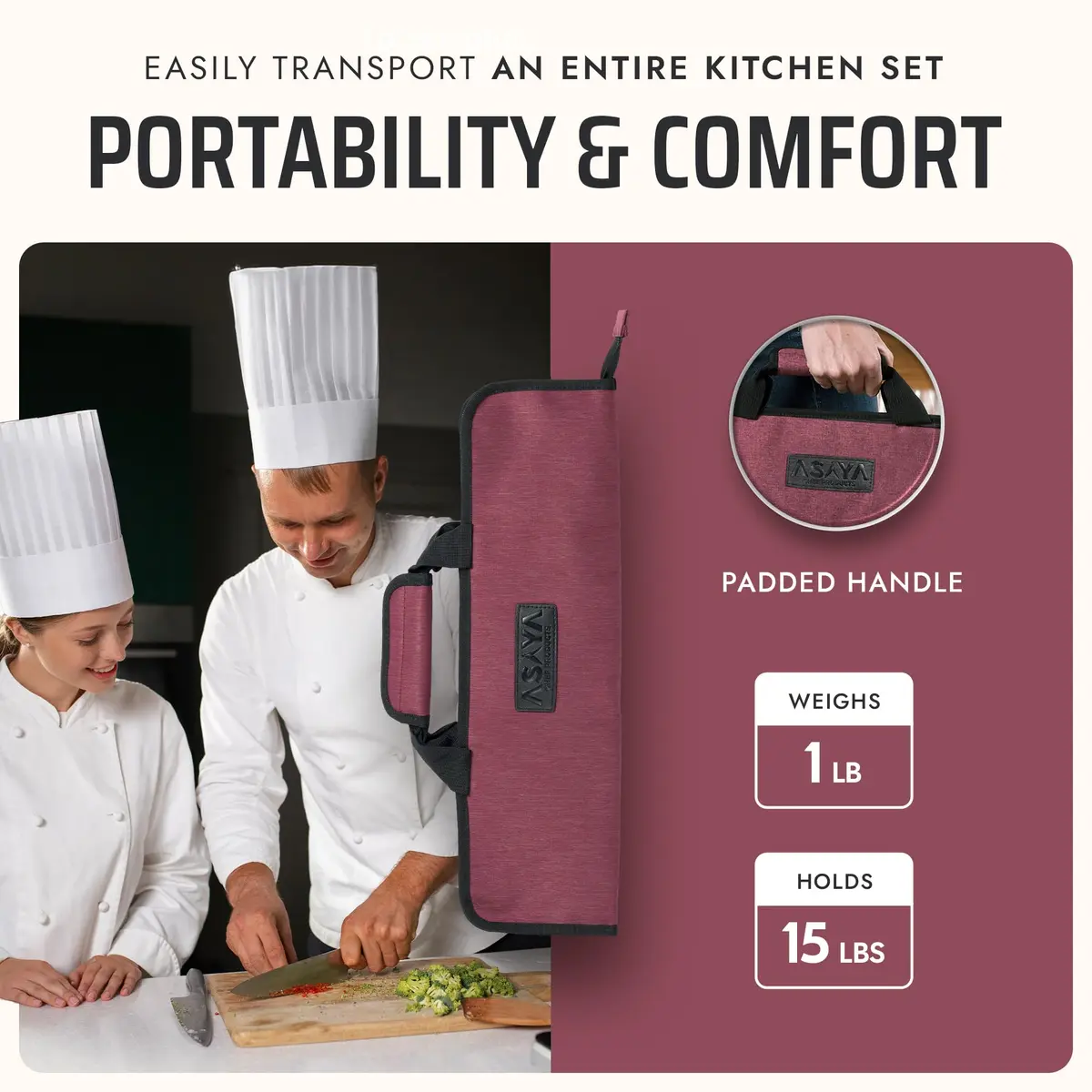 Asaya Chef Knife Roll Bag - 12-Pocket Travel Case for Kitchen Knives, Lightweight Stain-Resistant Nylon, Red | Secure & Portable - view 5