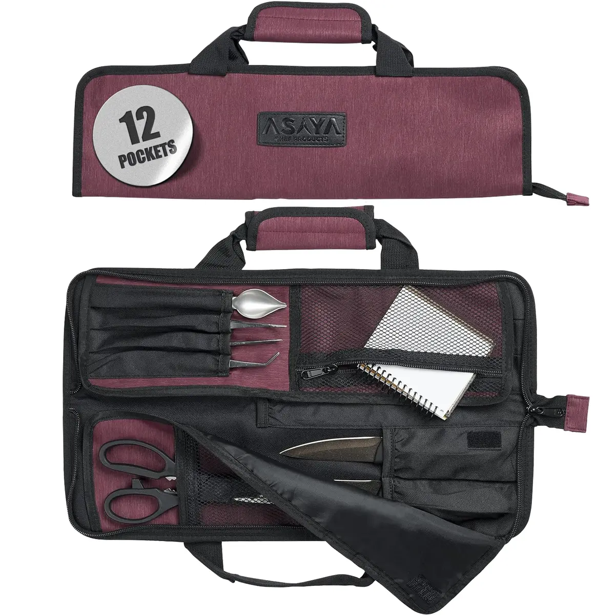 Asaya Chef Knife Roll Bag - 12-Pocket Travel Case for Kitchen Knives, Lightweight Stain-Resistant Nylon, Red | Secure & Portable - main product image