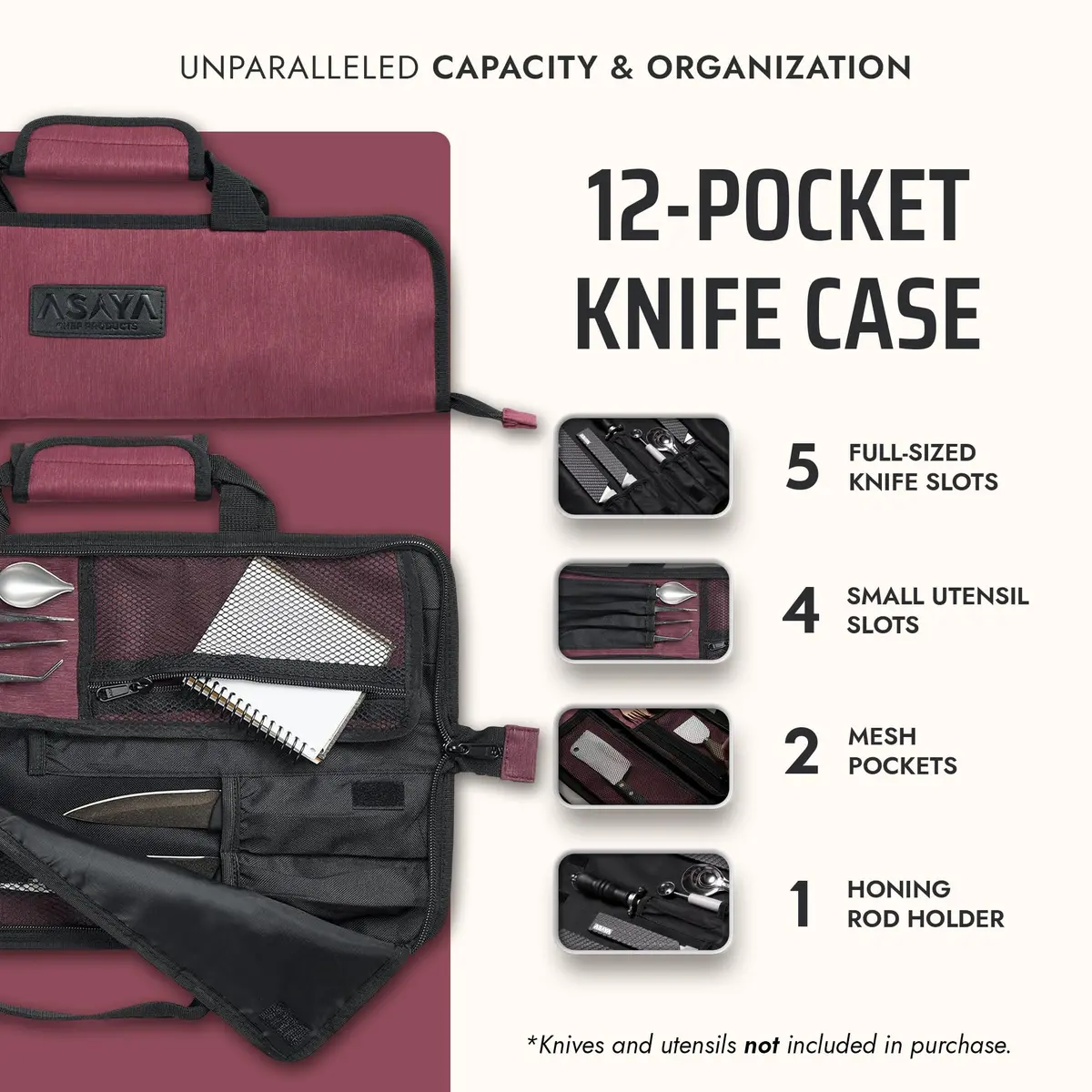 Asaya Chef Knife Roll Bag - 12-Pocket Travel Case for Kitchen Knives, Lightweight Stain-Resistant Nylon, Red | Secure & Portable - view 2