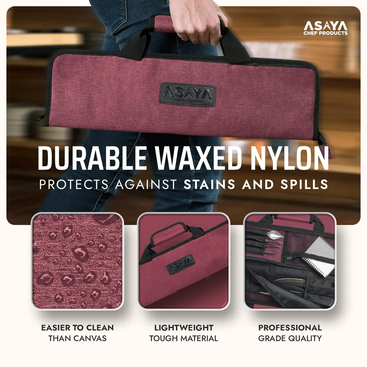 Asaya Chef Knife Roll Bag - 12-Pocket Travel Case for Kitchen Knives, Lightweight Stain-Resistant Nylon, Red | Secure & Portable - view 3