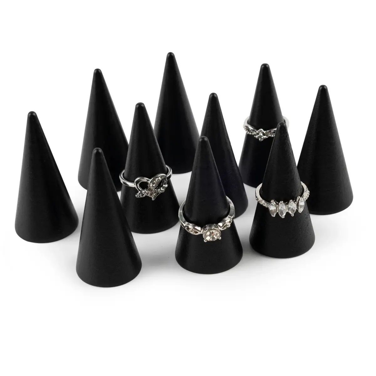 AUEAR Black 10 Pack Wood Cone Ring Holder Stand | Compact Size for Jewelry Display - main product image