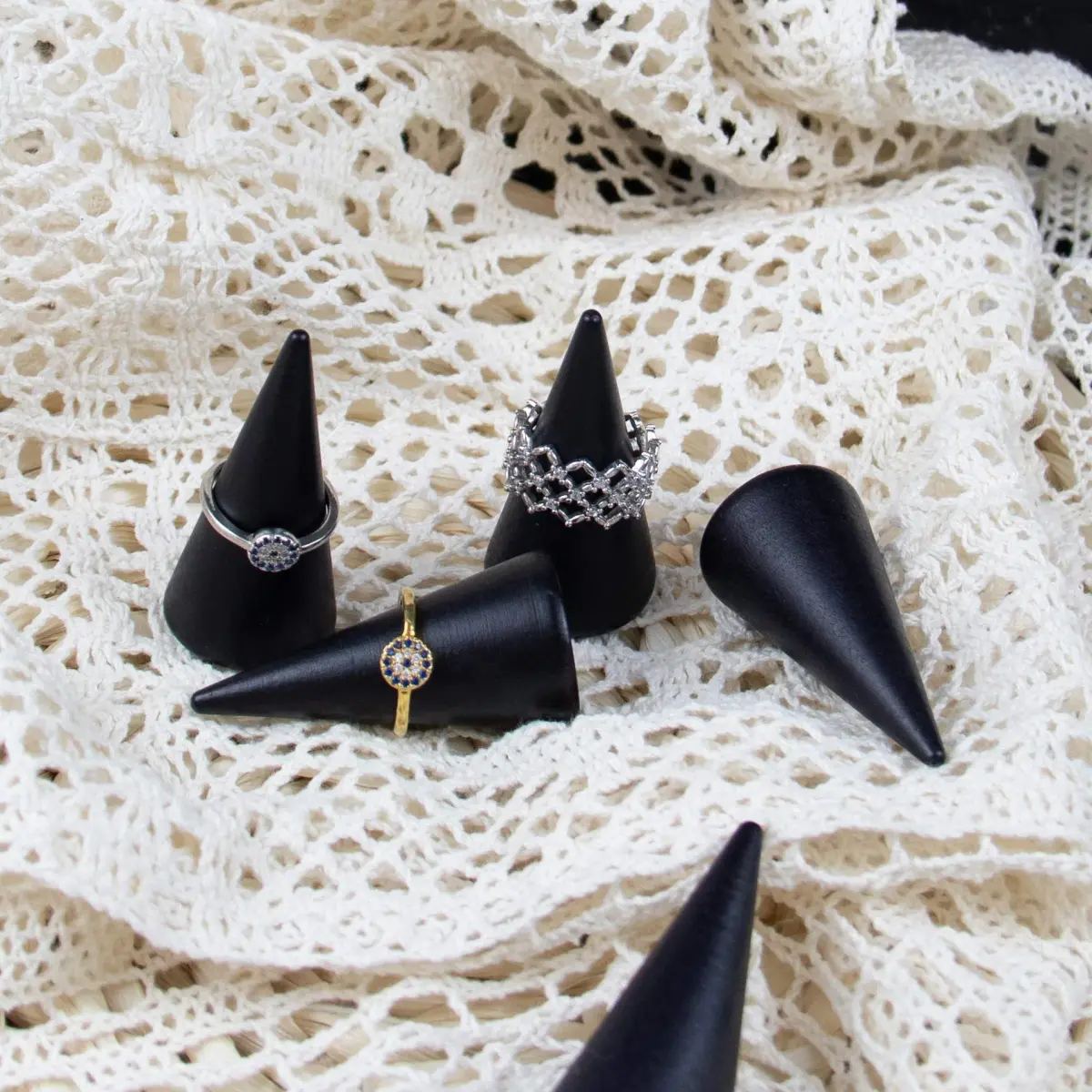 AUEAR Black 10 Pack Wood Cone Ring Holder Stand | Compact Size for Jewelry Display - view 2