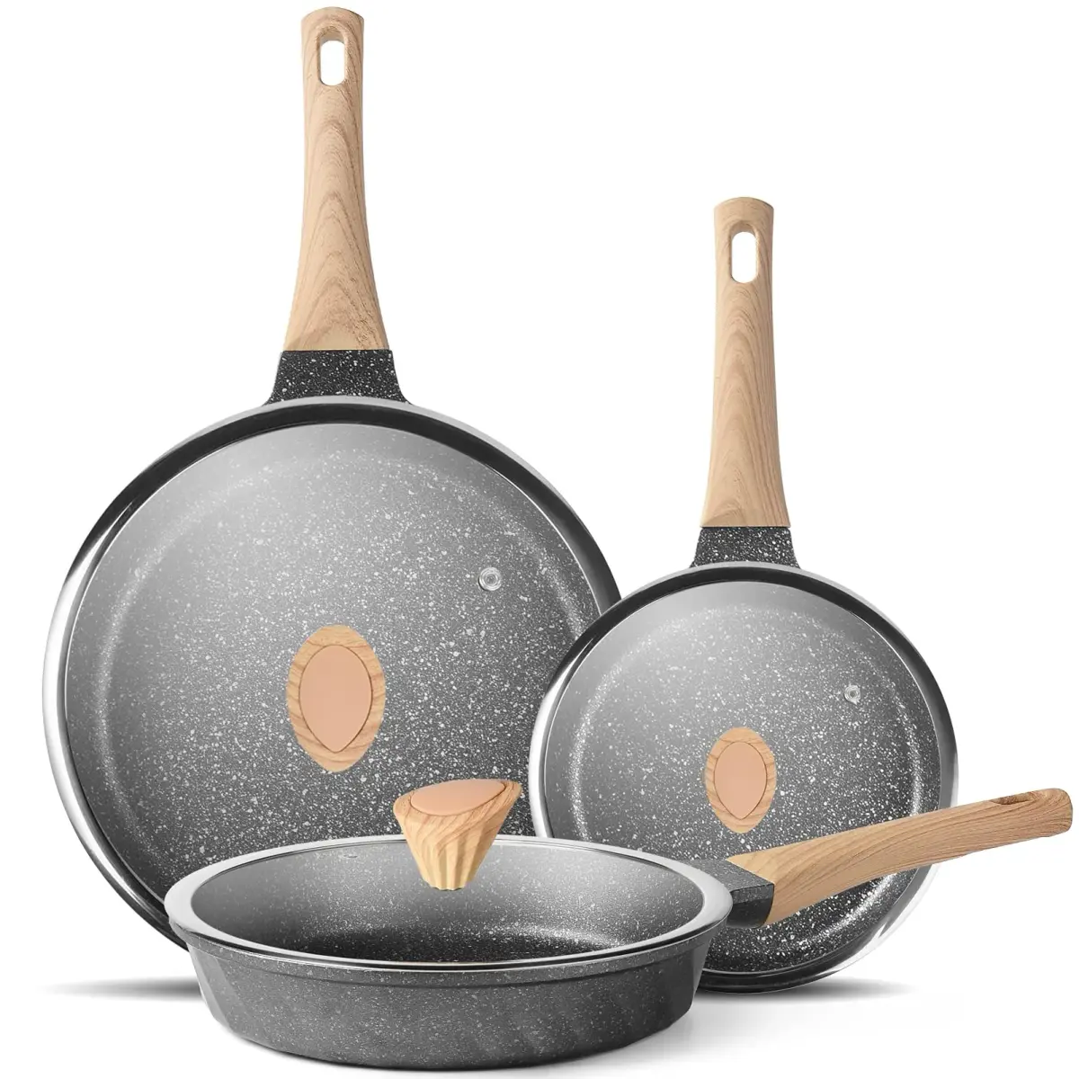 YIIFEEO Non Stick Frying Pan Set - Stone Skillet Set with Lids, 8" 9.5" 11" Gray | Induction Compatible Cookware - main product image