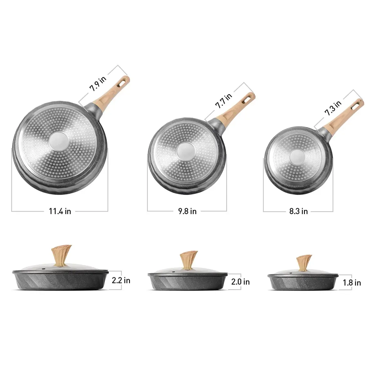 YIIFEEO Non Stick Frying Pan Set - Stone Skillet Set with Lids, 8" 9.5" 11" Gray | Induction Compatible Cookware - view 2