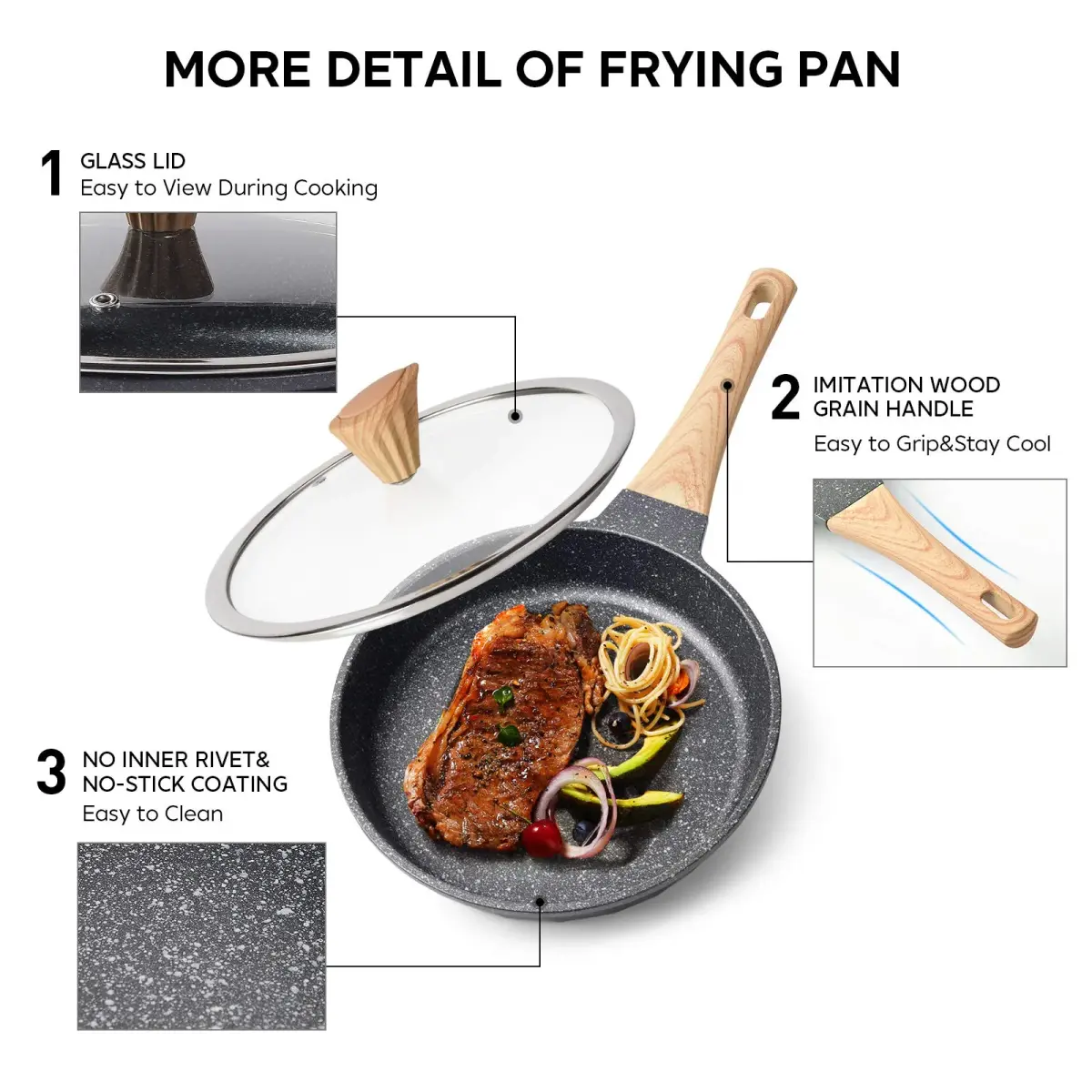 YIIFEEO Non Stick Frying Pan Set - Stone Skillet Set with Lids, 8" 9.5" 11" Gray | Induction Compatible Cookware - view 4