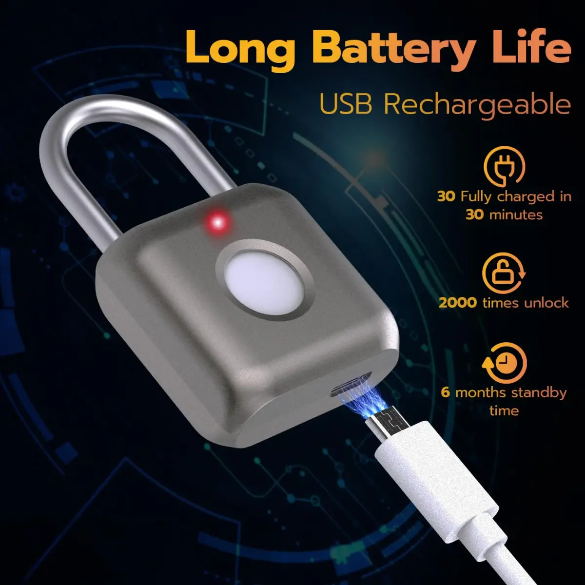Pothunder Fingerprint Smart Padlock Lock Gray | Biometric Keyless Thumbprint Lock 62g (2.2 oz) - view 5