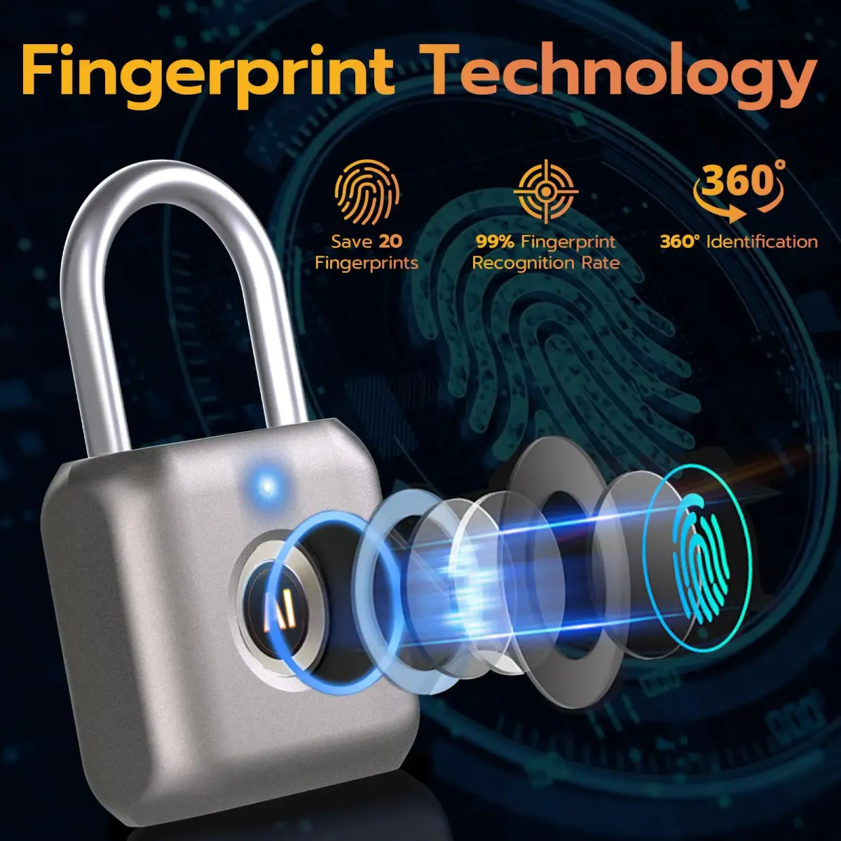 Pothunder Fingerprint Smart Padlock Lock Gray | Biometric Keyless Thumbprint Lock 62g (2.2 oz) - view 3