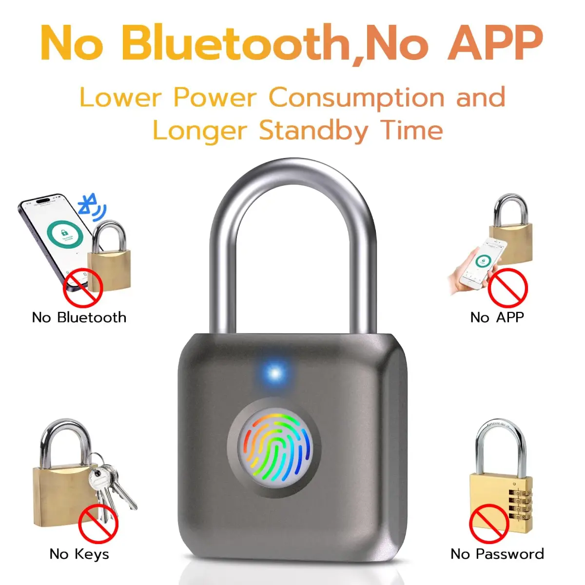 Pothunder Fingerprint Smart Padlock Lock Gray | Biometric Keyless Thumbprint Lock 62g (2.2 oz) - view 4