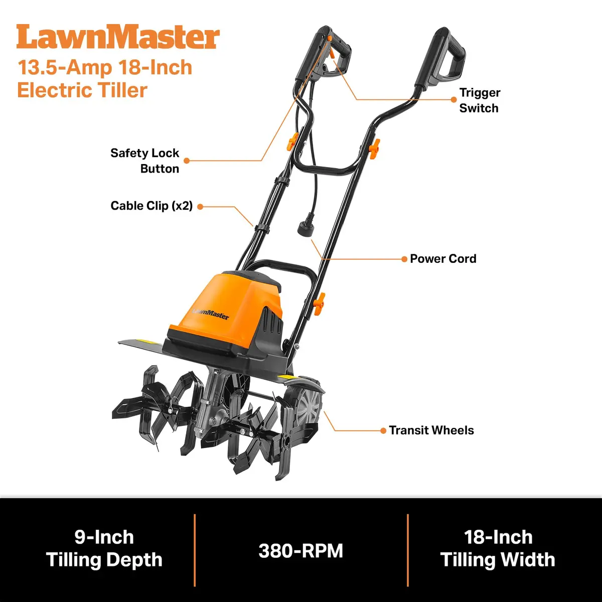 LawnMaster 13.5 Amp 18” Electric Tiller – TE1318M | Efficient Soil Cultivation for Medium Gardens - view 5