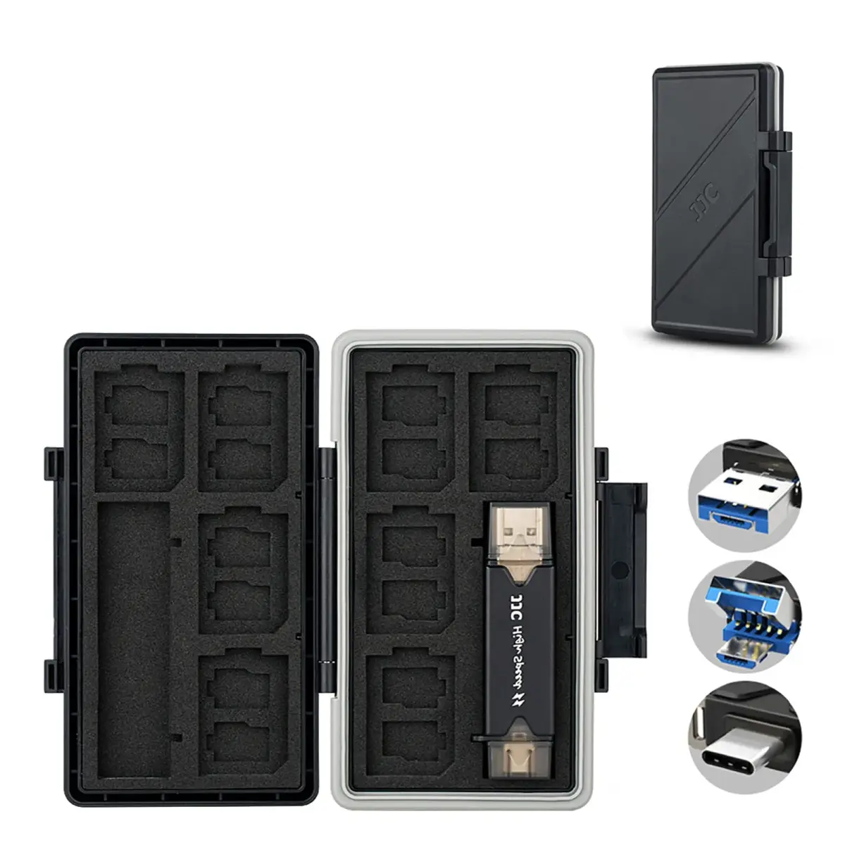 JJC 24-Slot Memory Card Case Holder with USB 3.0 Card Reader | Stores 16 Micro SD & 8 SD Cards - main product image